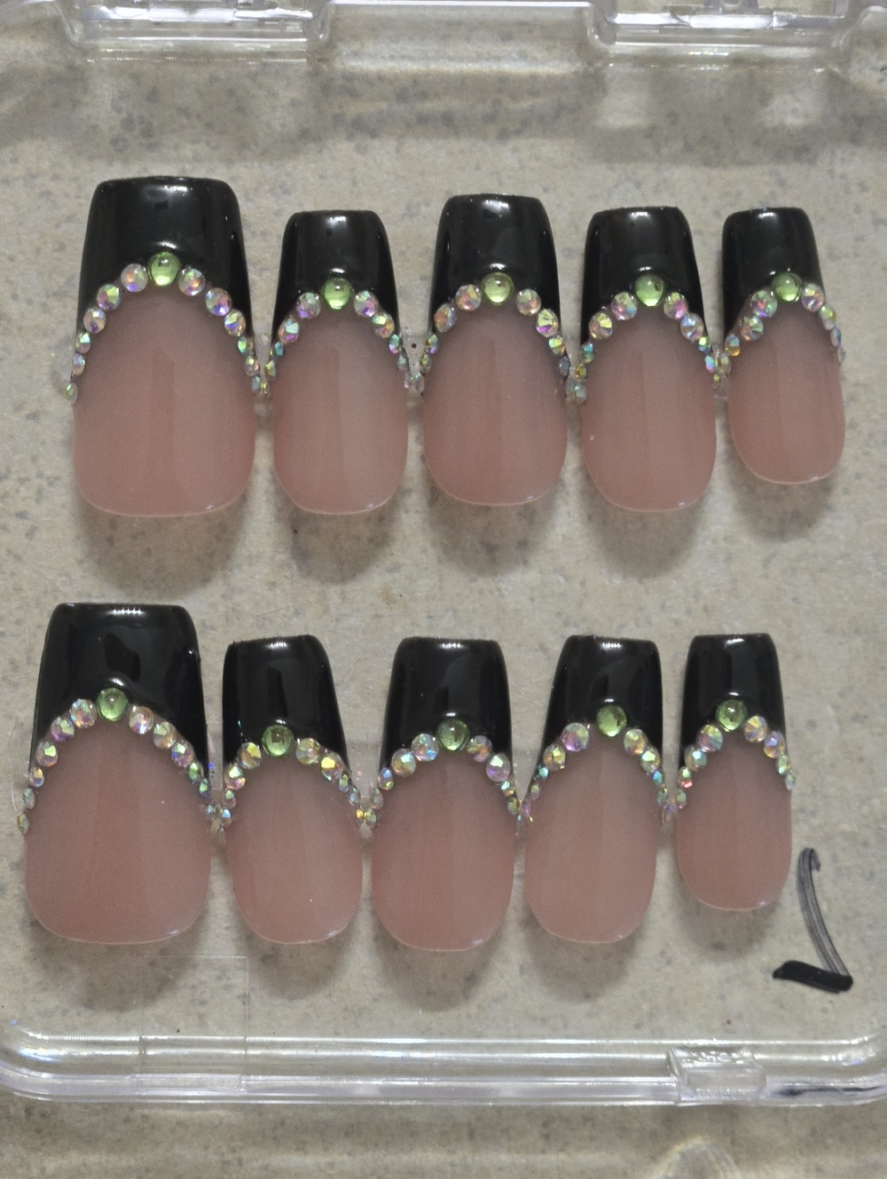 Black French Tip Press-On Nails w/ Rhinestone Accent Medium Length Square Shape